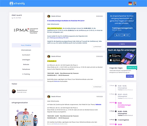 eTraining.app Dashboard Screenshot